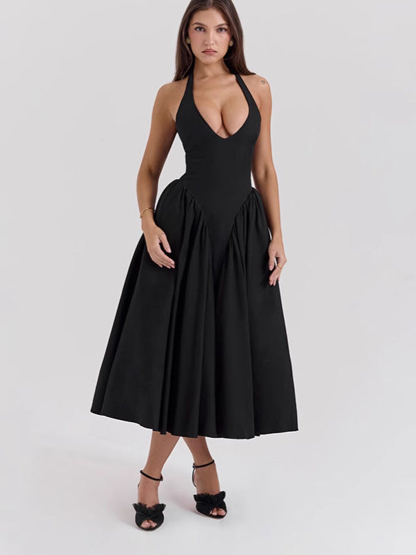 Women's figure-flattering halter bustier midi dress with tailored bodice and wide circle skirt StylebySassy