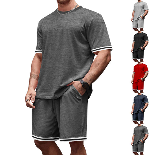 Men's casual jersey set consisting of short-sleeve shirt and bermuda shorts with contrasting stripes, elastic waistband, and insert pockets StylebySassy