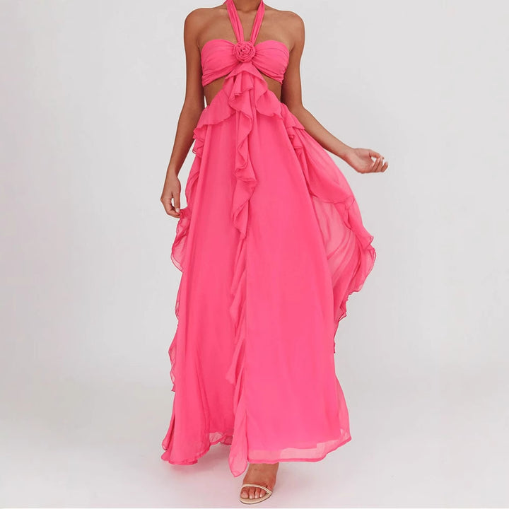 Ladies maxi dress with frills and bandeau neckline StylebySassy