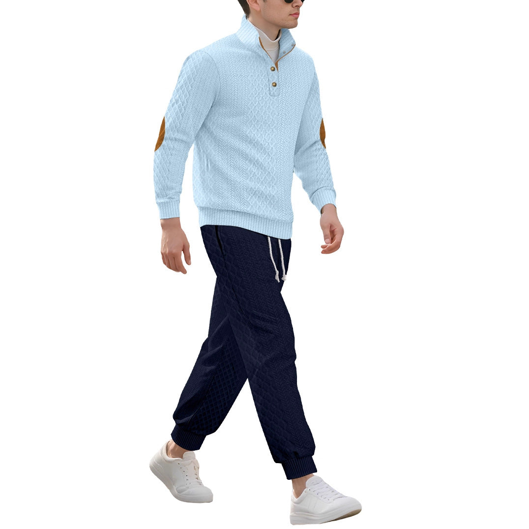 Men's patterned knit leisure set with half-button stand collar suede elbow patches and drawstring joggers StylebySassy