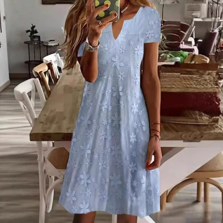 Women's knee-length A-line dress made of cotton blend with embroidered broderie overlay, short sleeves and V-neck StylebySassy