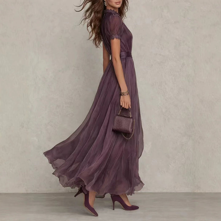 Women's Long Chiffon Evening Dress with Lace Stand Collar, Keyhole Opening and Tailored Sash StylebySassy