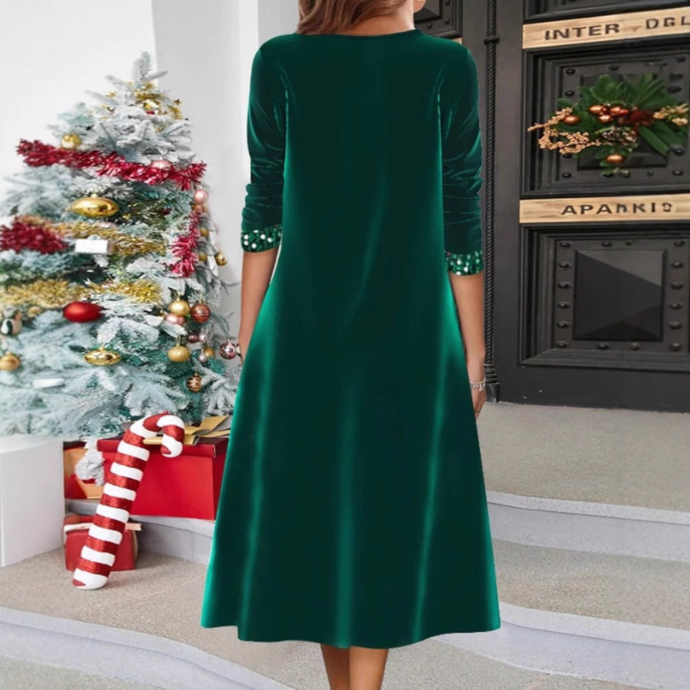 Women's festive sequin panel maxi dress with V-neck long sleeves and decorative waist belts StylebySassy