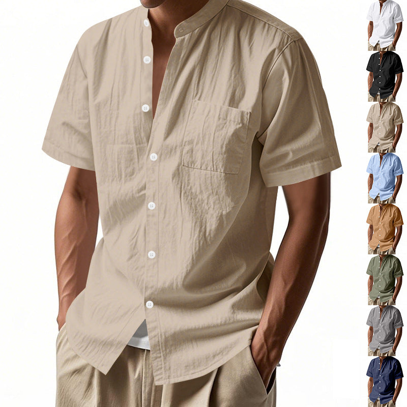 Men's nan legeres short-sleeve linen blend shirt with stand-up collar, chest pocket, and continuous button placket StylebySassy