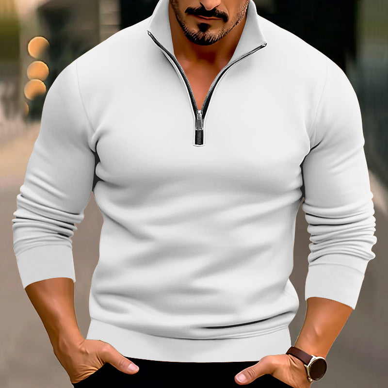 Men's fitted fine knit pullover with short zipper and stand-up collar StylebySassy