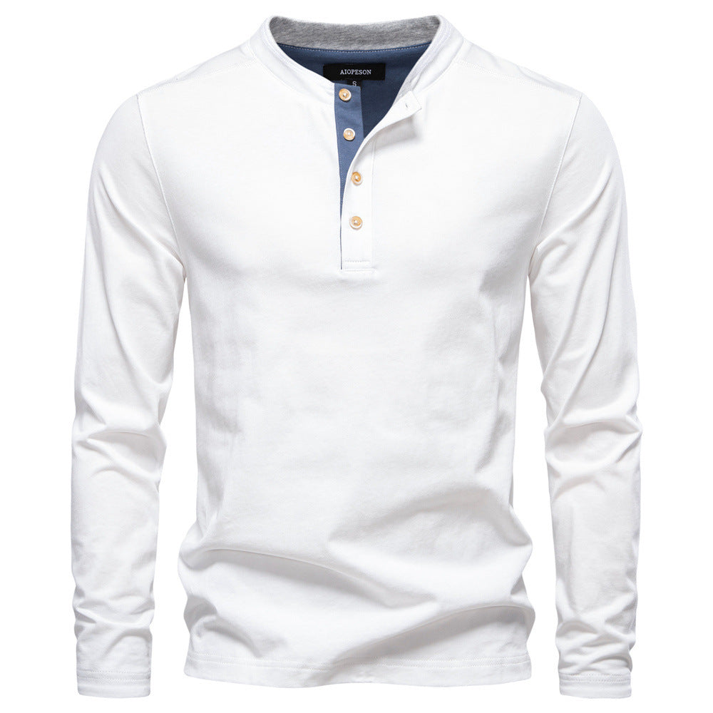 Men's navy cotton long-sleeve shirt with short button placket and stand collar StylebySassy