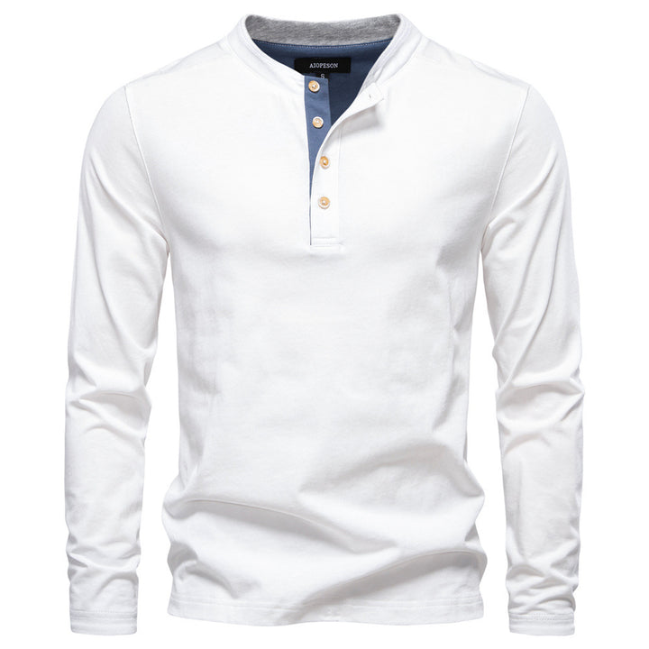 Men's navy cotton long-sleeve shirt with short button placket and stand collar StylebySassy