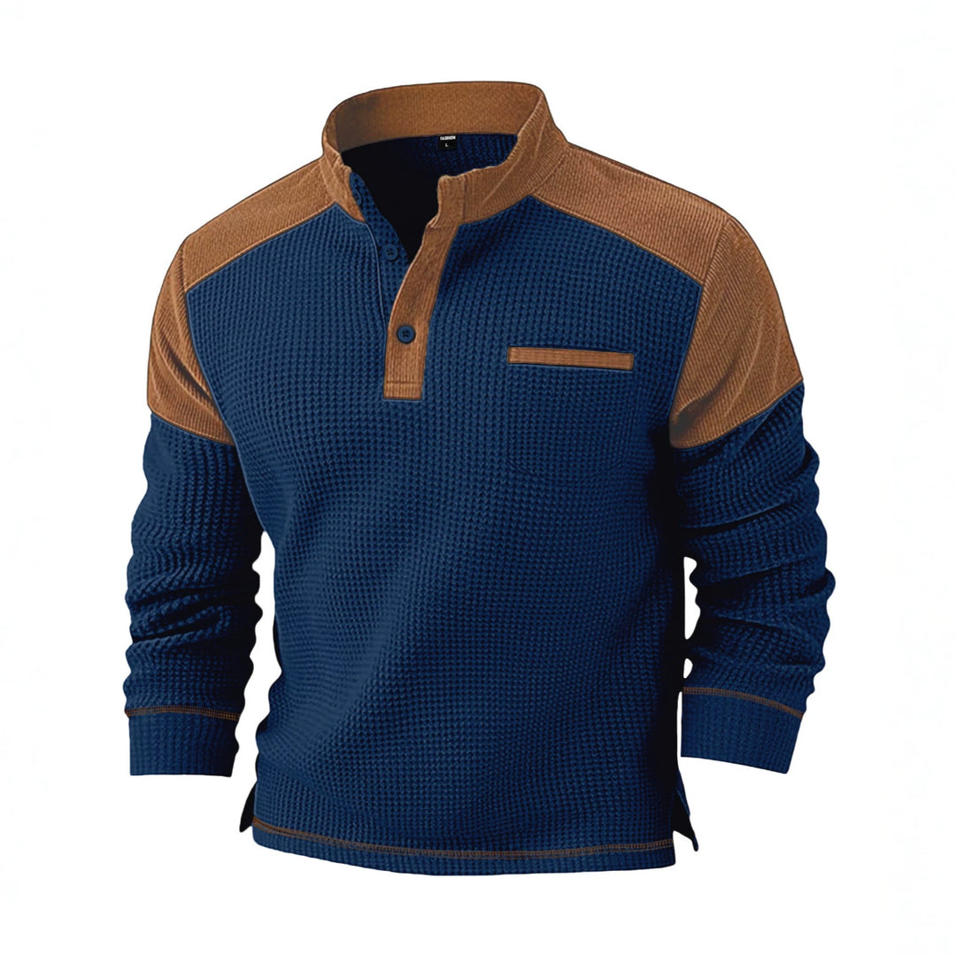 Men's waffle knit henley with stand-up collar, cord shoulder yoke and chest piping StylebySassy