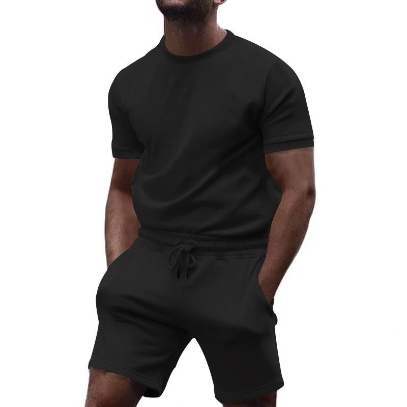 Men's minimalist jersey ensemble with comfortable round neck shirt and elastic drawstring shorts StylebySassy
