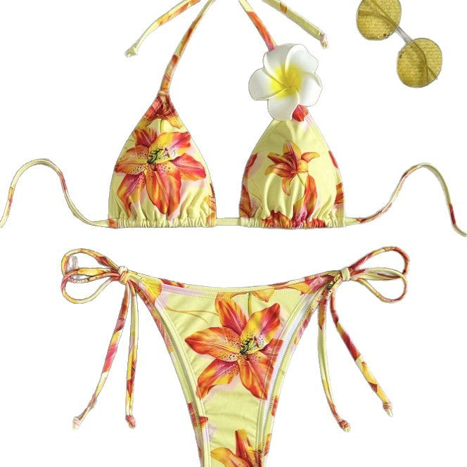 Women's triangle bikini with floral design and adjustable side ties StylebySassy