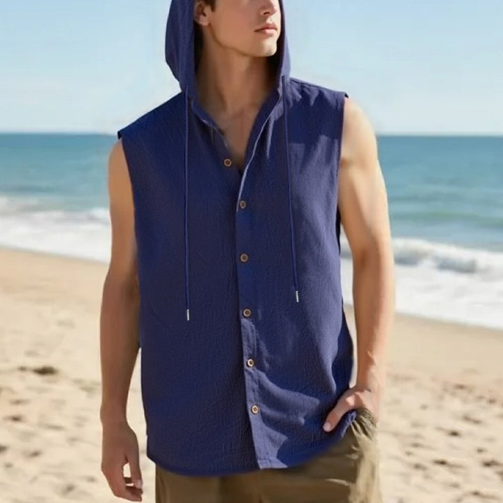 Men's sleeveless hooded shirt in linen look with wooden button placket StylebySassy