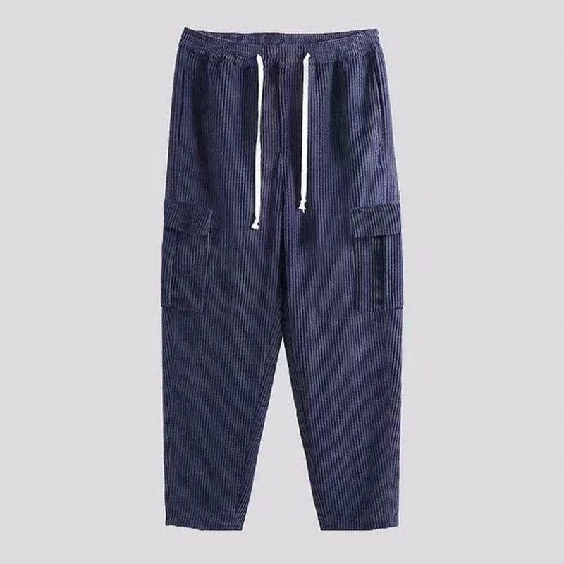 Men's ribbed comfortable cargo pants with elastic drawstring waistband and low-set flap pockets StylebySassy