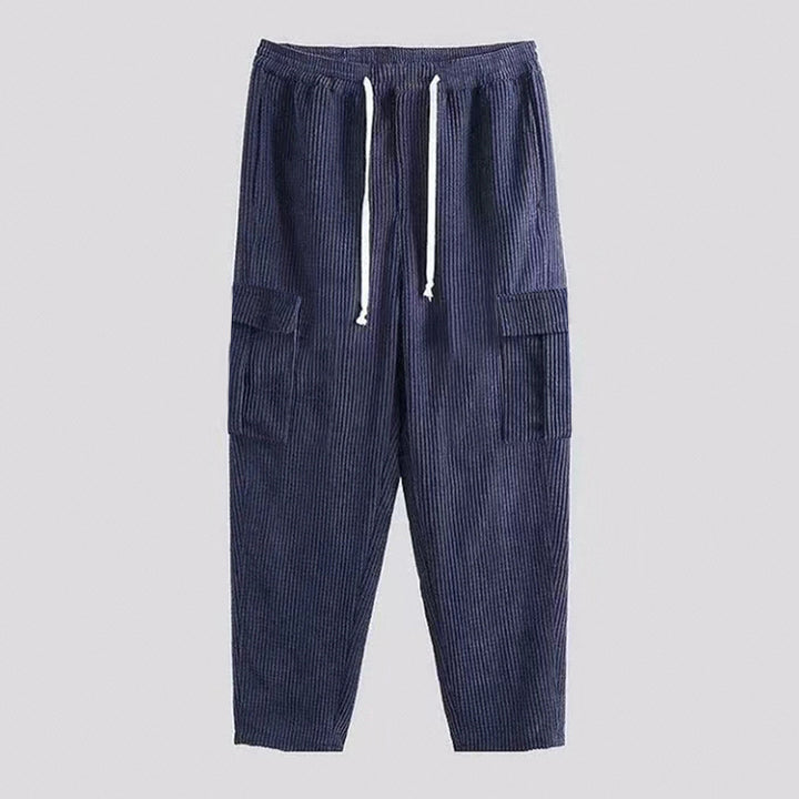 Men's ribbed comfortable cargo pants with elastic drawstring waistband and low-set flap pockets StylebySassy