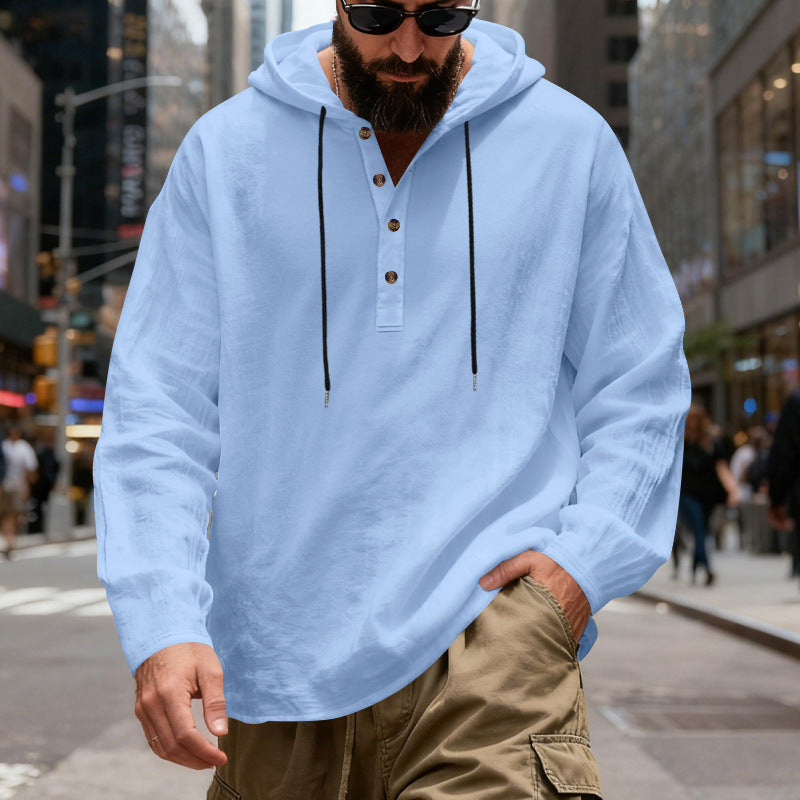 Men's lightweight hooded shirt with button placket made of linen blend and relaxed fit StylebySassy