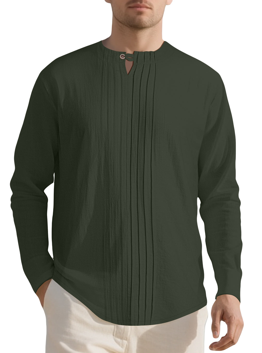 Men's Naan light structured tunic shirt with stand-up collar, pleats and loop button StylebySassy