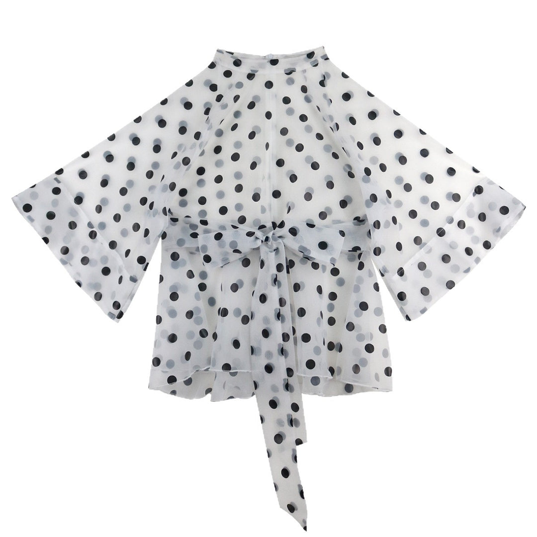 Women's chiffon blouse with transparent polka dots design and fitted tie belt StylebySassy