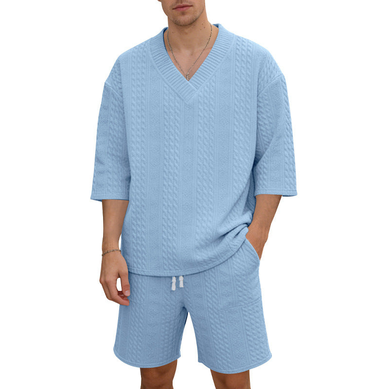 Unisex casual lounge set with V-neck top and drawstring shorts StylebySassy