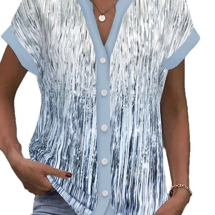 Women's short sleeve blouse with vertical brushstroke print, contrasting button placket and loose hem StylebySassy