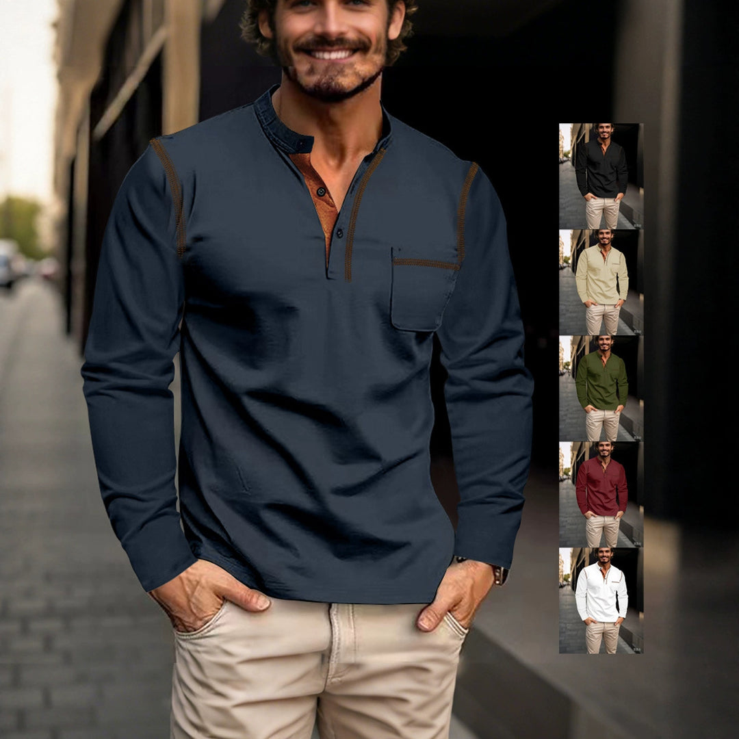Men's nan legeres long sleeve henley shirt with stand-up collar, button placket, and chest pocket StylebySassy