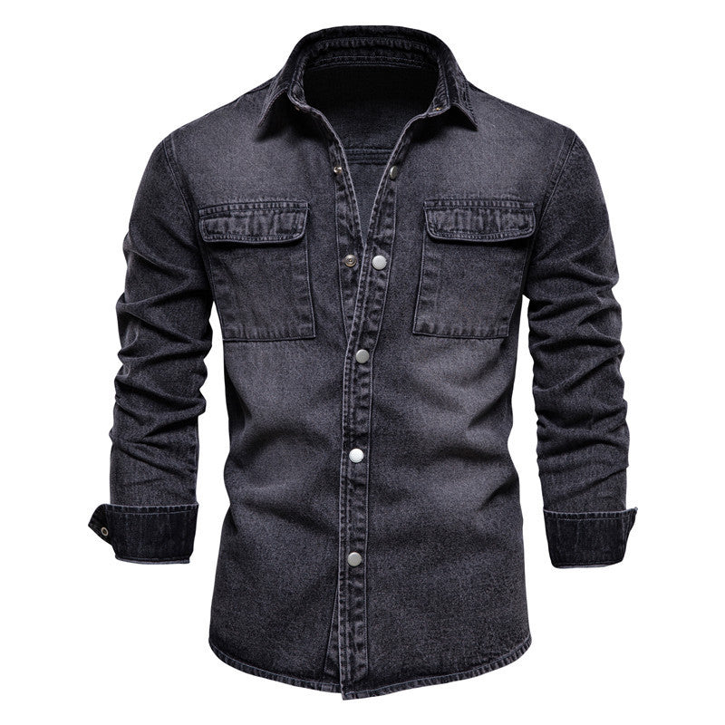Men's casual jeans overshirt with snap button placket, patch chest pockets, and classic shirt collar StylebySassy