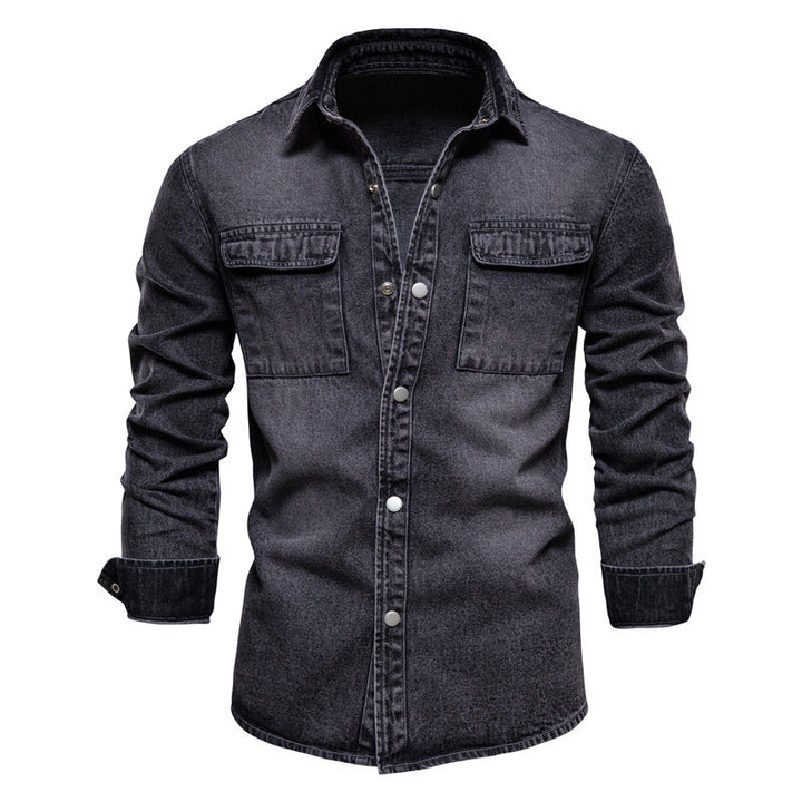 Men's casual jeans overshirt with snap button placket, patch chest pockets, and classic shirt collar StylebySassy