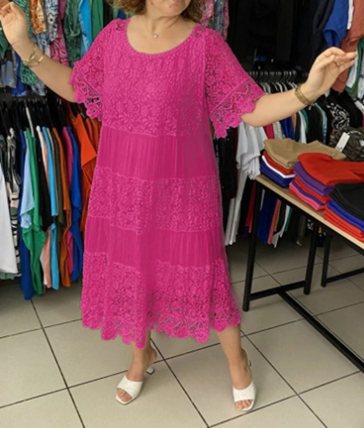 Women's multi-layered lace midi dress with pleated inserts and flounce sleeves StylebySassy
