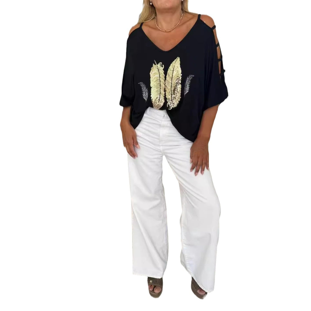 Ladies loose-fitting blouse shirt off-shoulder design with sequin-feather application and split sleeves StylebySassy
