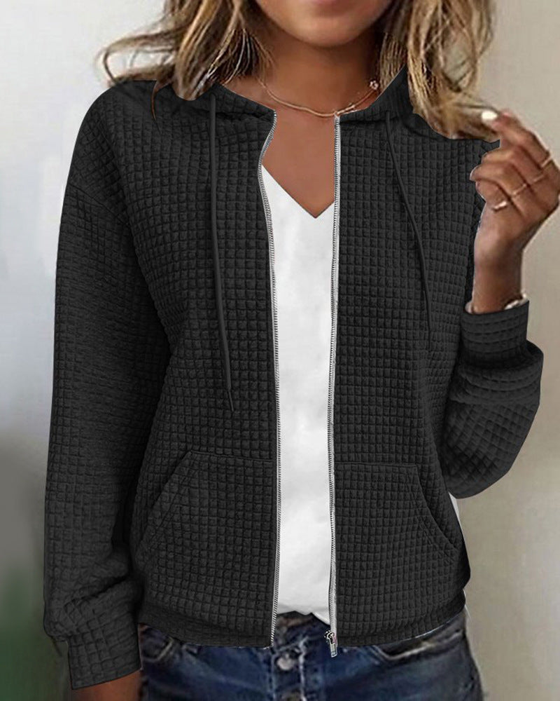 Women's quilted hooded jacket with waffle texture, full zip and kangaroo pockets StylebySassy