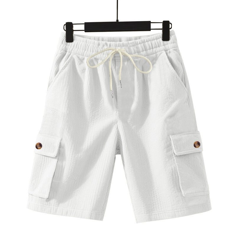 Men's cord cargo shorts with elastic drawstring waistband, patch cargo pockets, and soft cotton blend StylebySassy