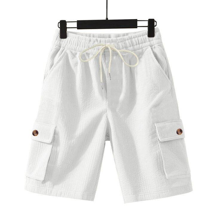 Men's cord cargo shorts with elastic drawstring waistband, patch cargo pockets, and soft cotton blend StylebySassy