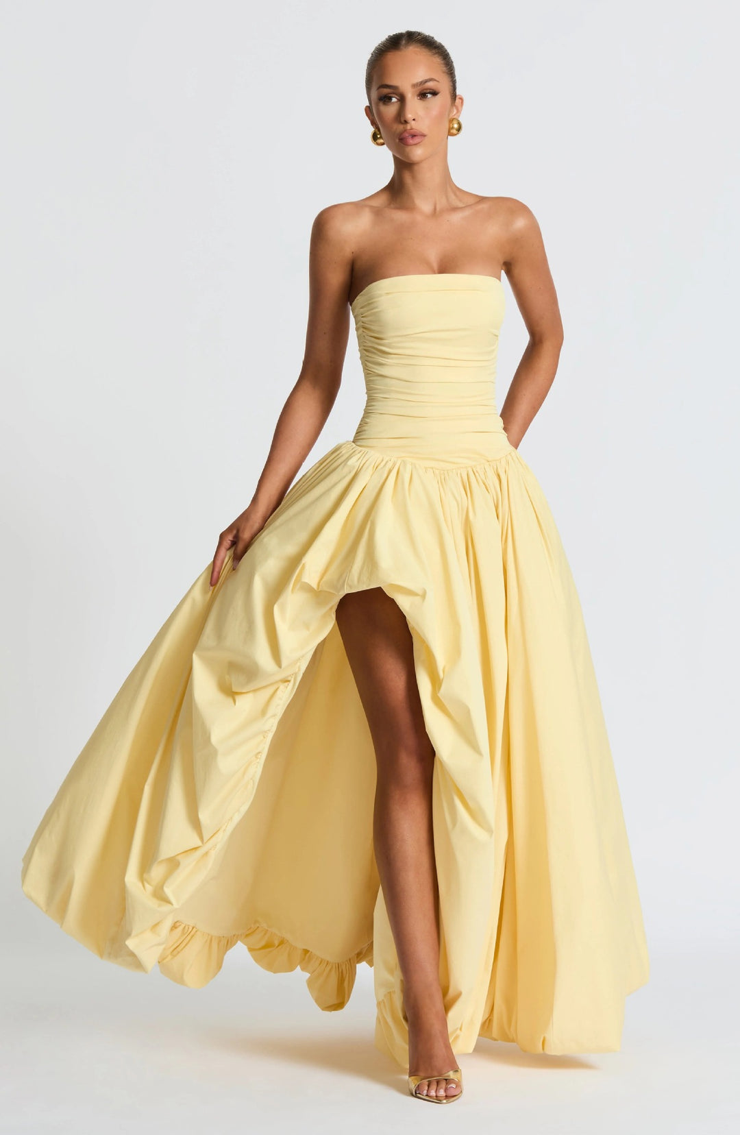 Women's Strapless Ball Gown with High Slit and Flowing Skirt StylebySassy