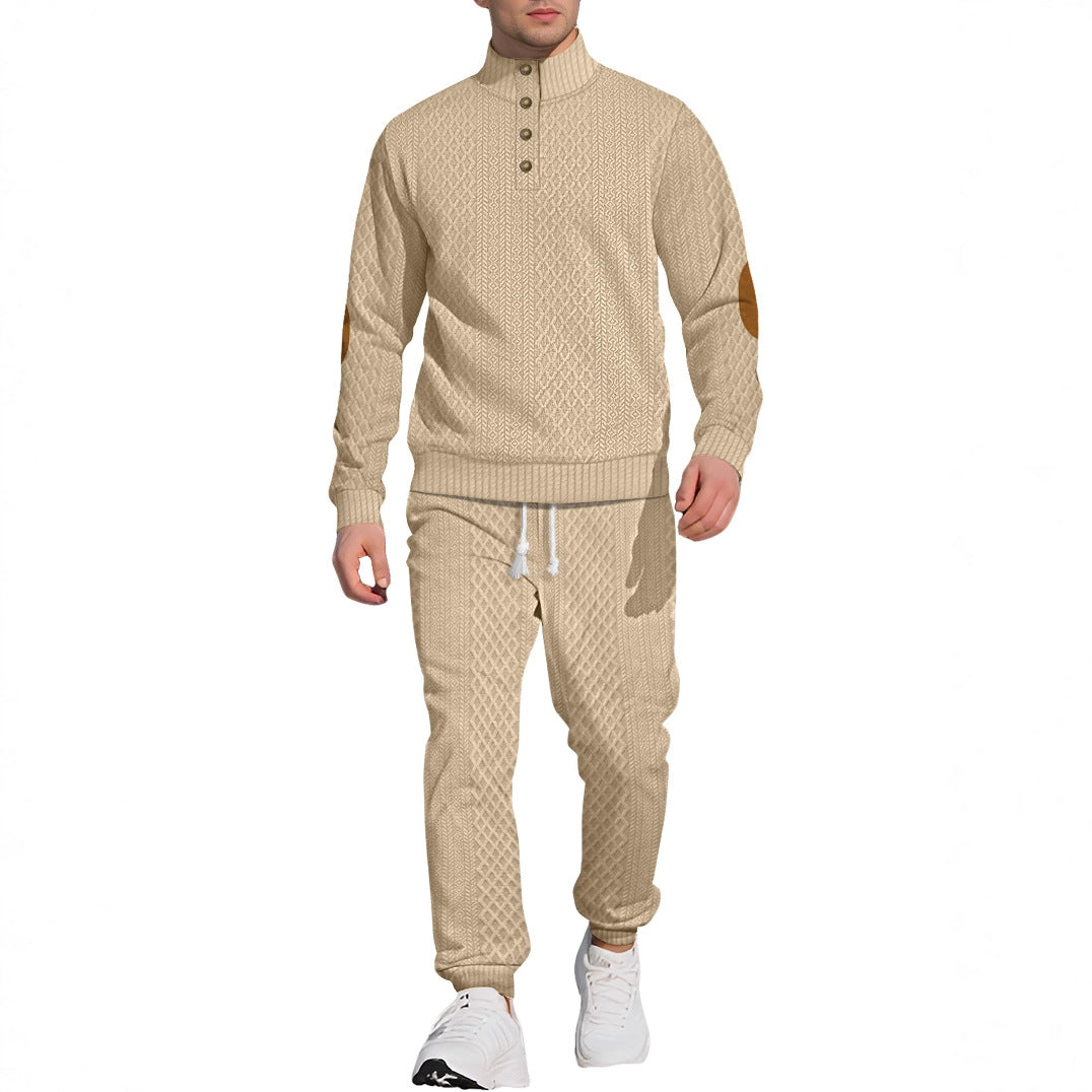 Men's patterned knit leisure set with half-button stand collar suede elbow patches and drawstring joggers StylebySassy