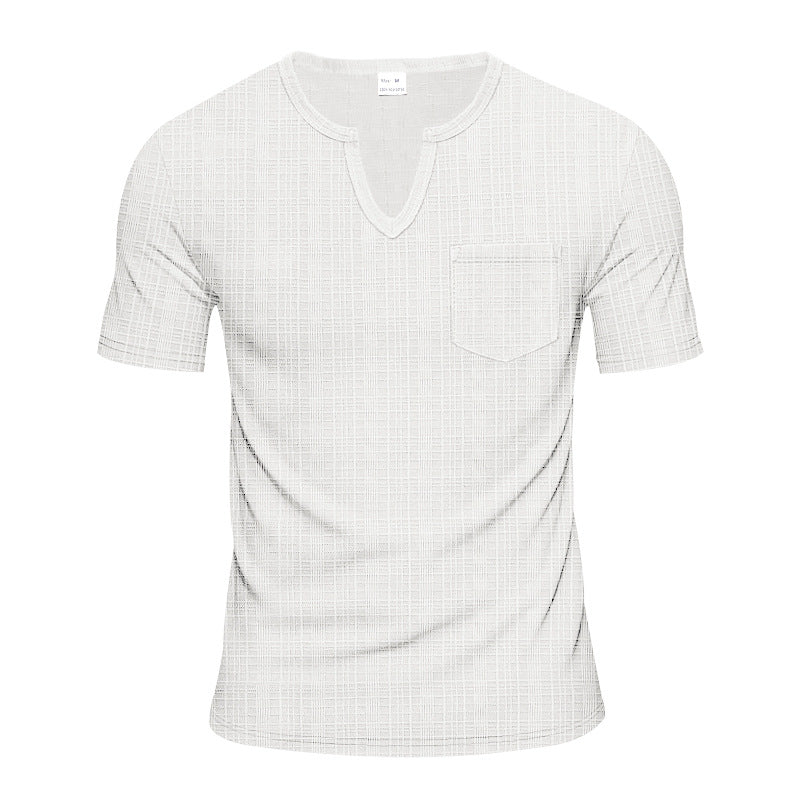 Men's short-sleeve shirt with V-slit neckline and patch chest pocket made of textured jersey StylebySassy