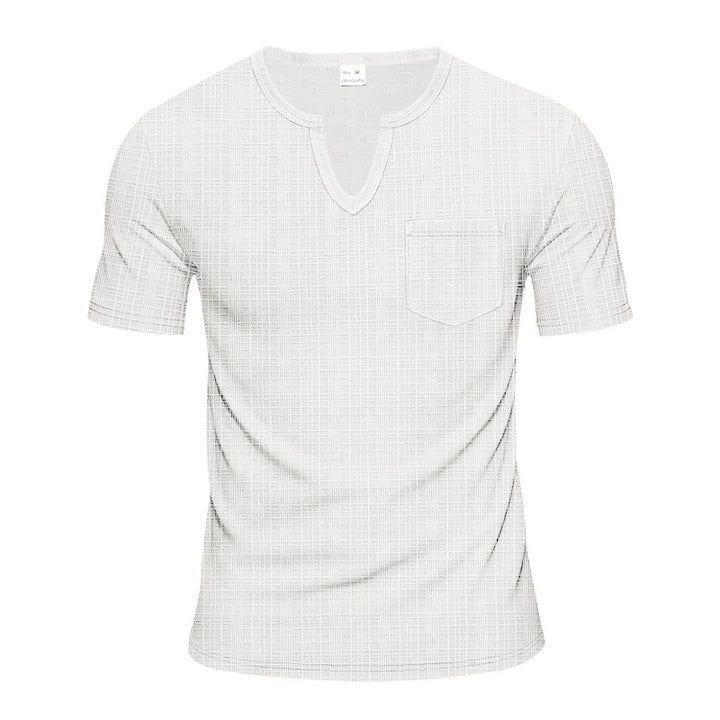 Men's short-sleeve shirt with V-slit neckline and patch chest pocket made of textured jersey StylebySassy