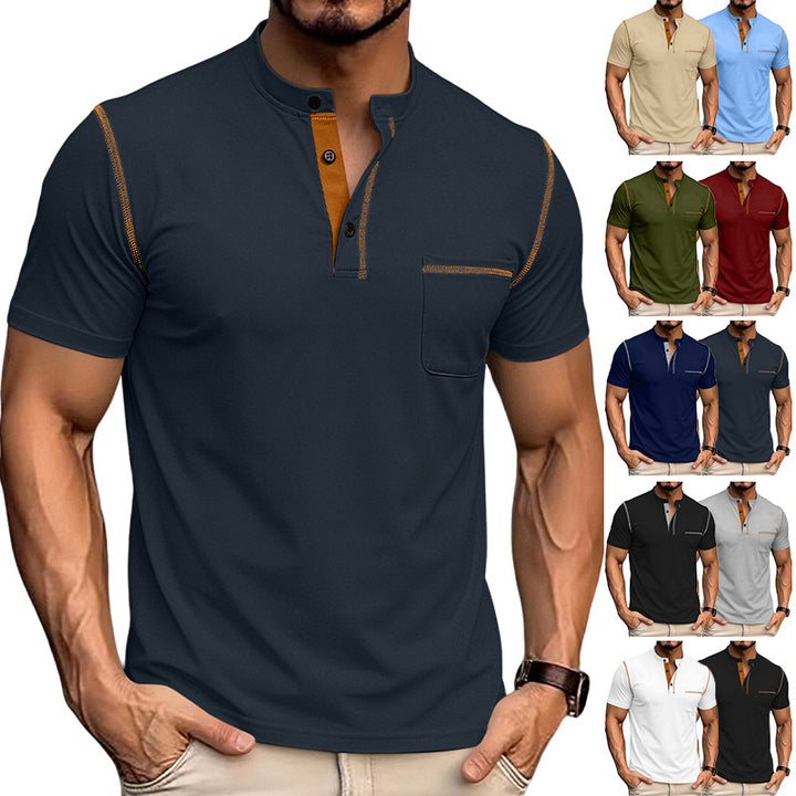 Men's short-sleeved Henley shirt with stand-up collar, chest pocket, and contrasting decorative stitching StylebySassy