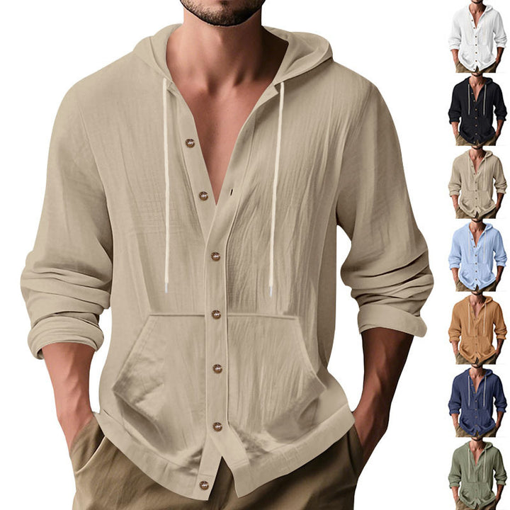 Men's button-closed hooded shirt jacket made of lightweight cotton blend with kangaroo pocket StylebySassy