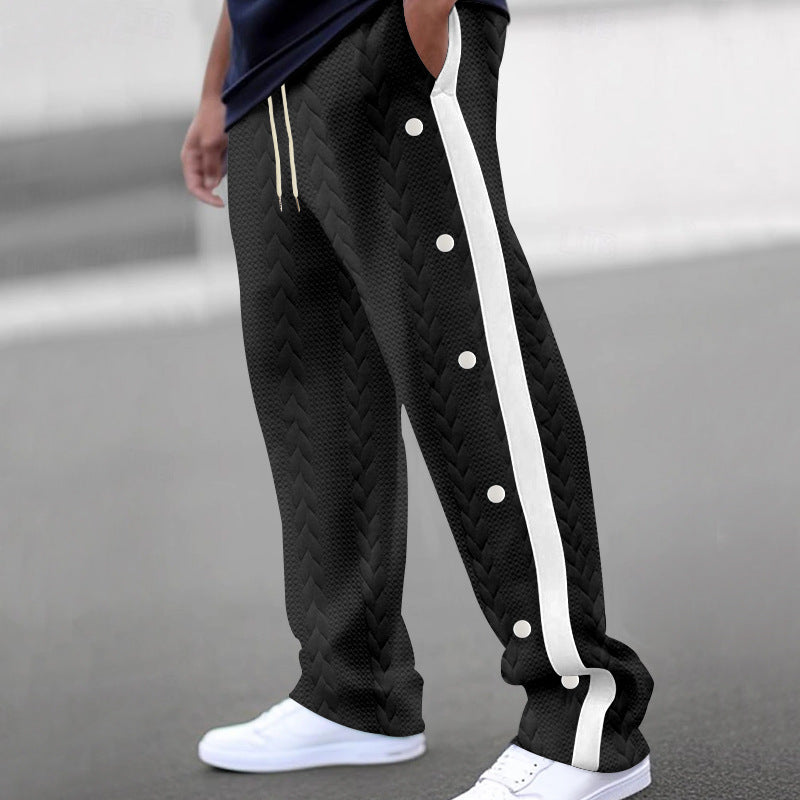 Men's quilted casual pants with continuous snap button placket and contrast stripes StylebySassy