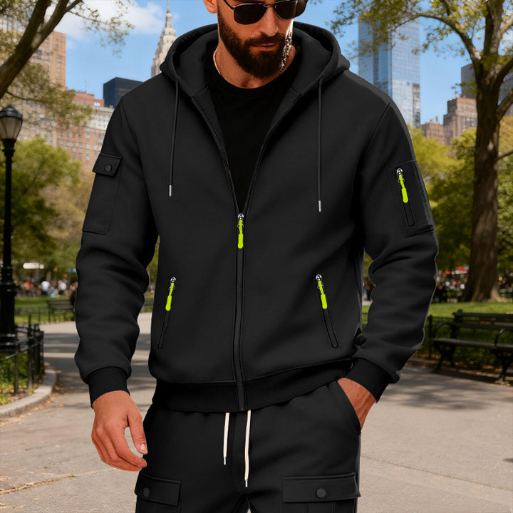 Men's hooded jacket with water-repellent zippers and multifunctional pockets StylebySassy