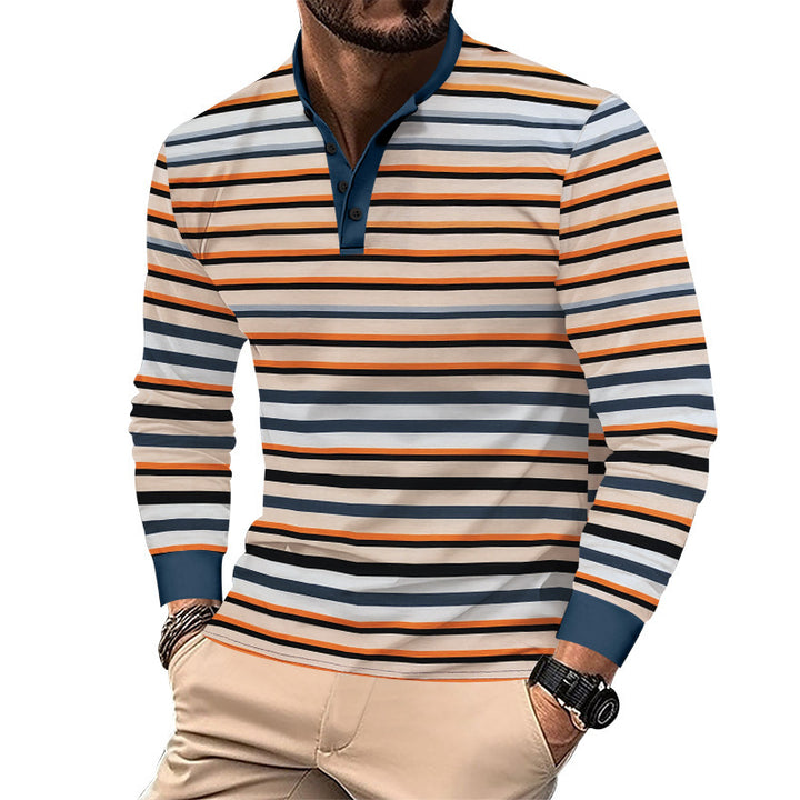 Men's striped long-sleeve Henley shirt with stand-up collar, slim fit and elastic cotton mix StylebySassy