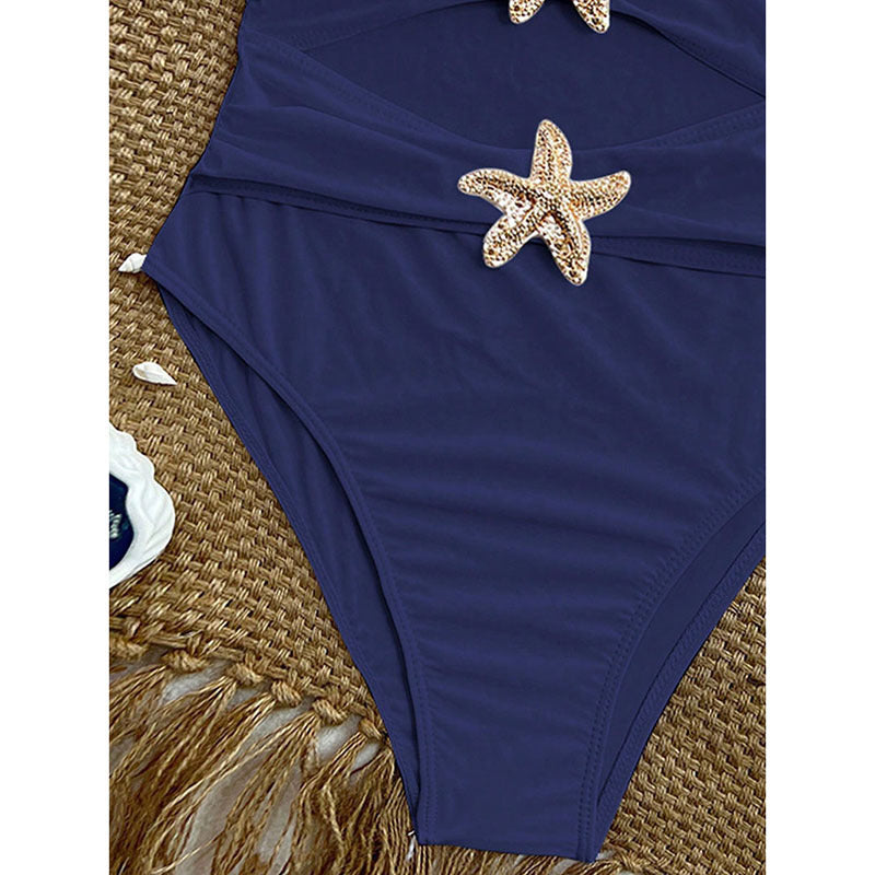 Women's bandeau bikini with golden shell accents and high waistband StylebySassy