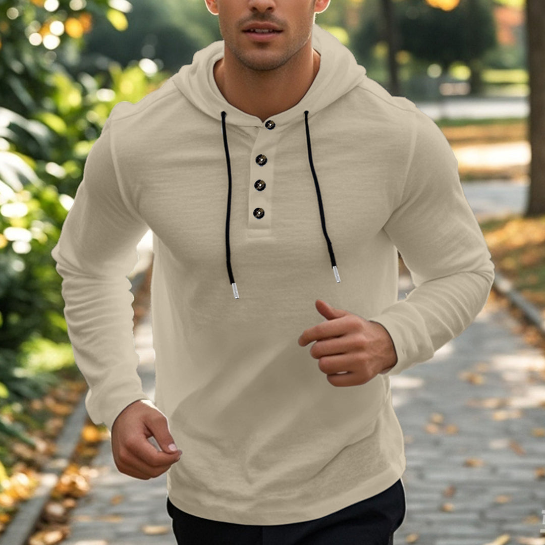 Men's casual hoodie in Henley style with button placket and adjustable drawstring StylebySassy