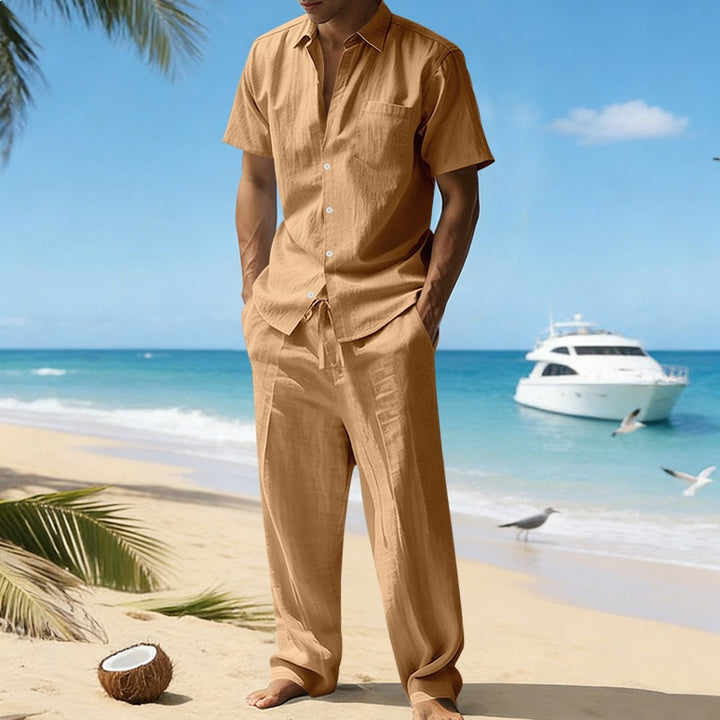 Men's resort-appropriate short-sleeve shirt with chest pocket and casual linen drawstring pants StylebySassy