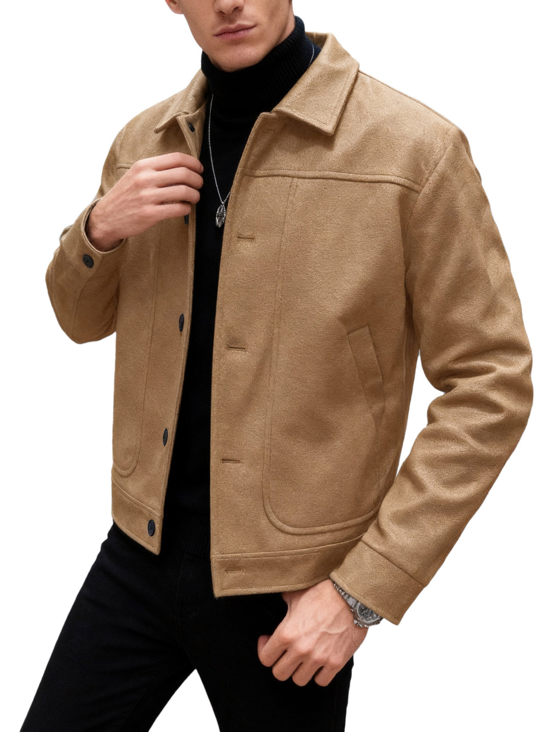 Men's modern trucker overshirt made of suede imitation with decorative stitching and patch pockets StylebySassy