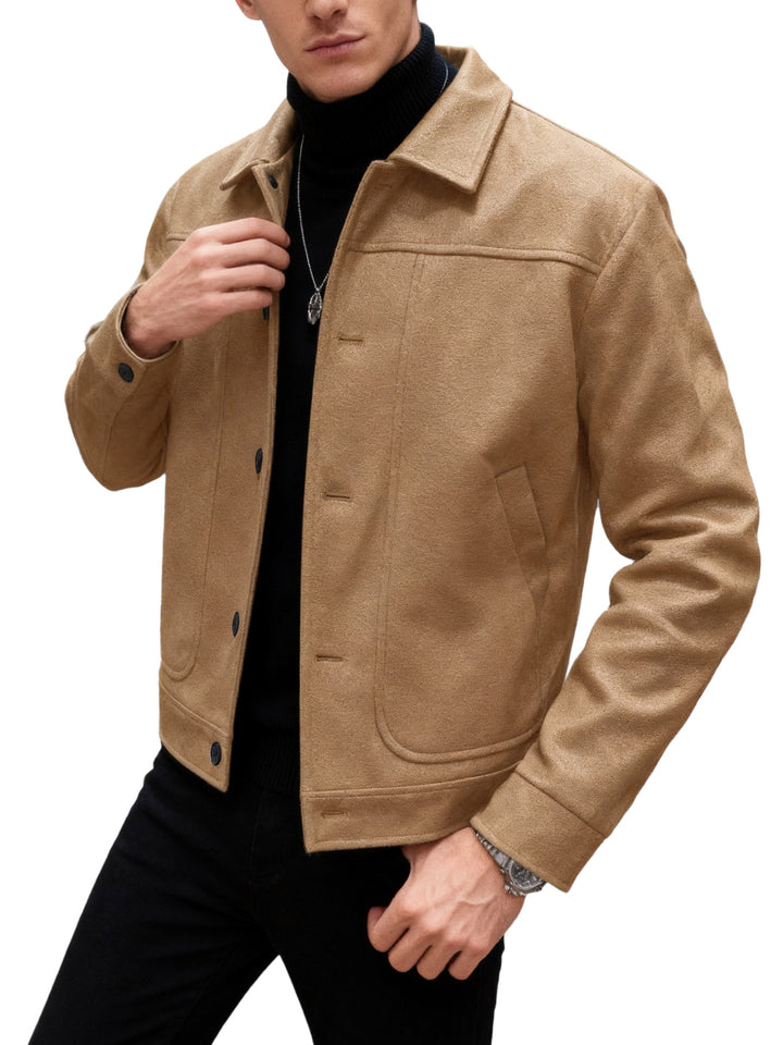 Men's modern trucker overshirt made of suede imitation with decorative stitching and patch pockets StylebySassy