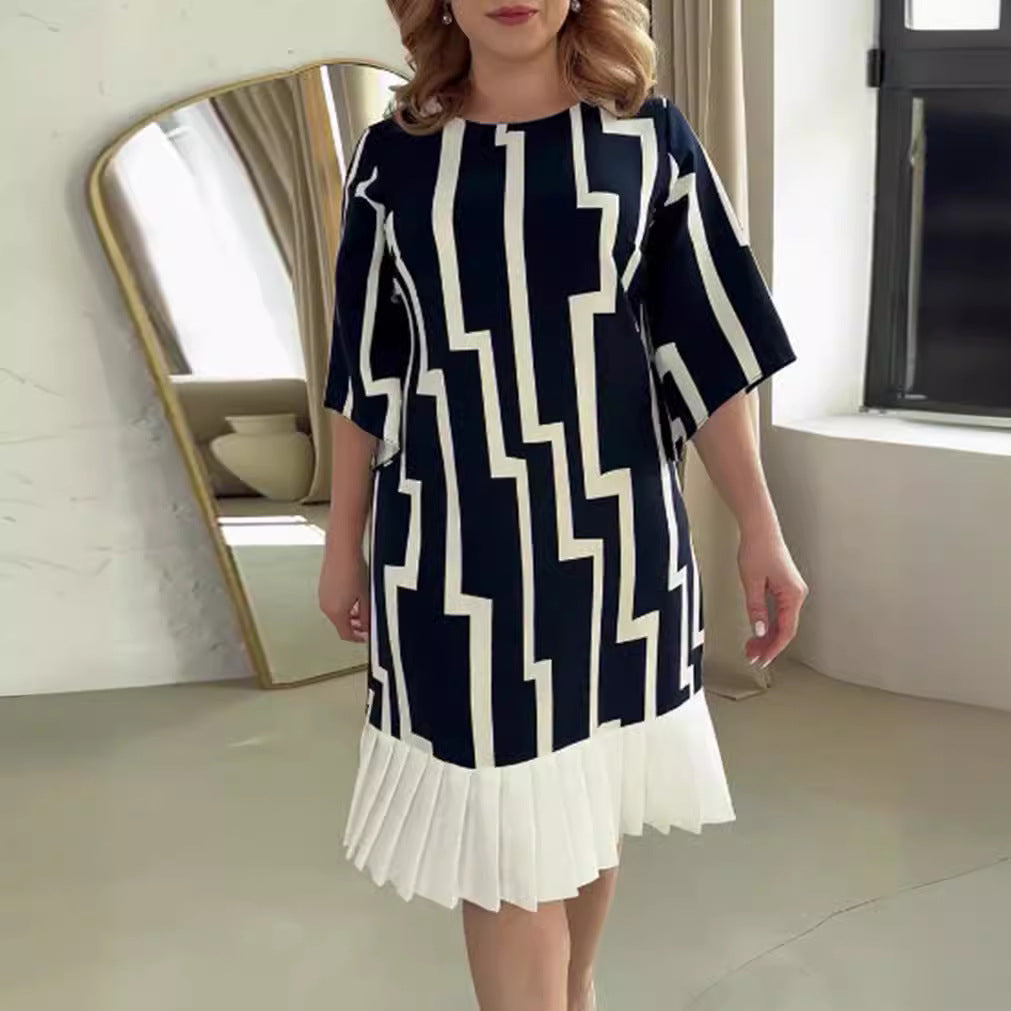 Women nan graphic A-line dress with pleated hem and three-quarter sleeves StylebySassy
