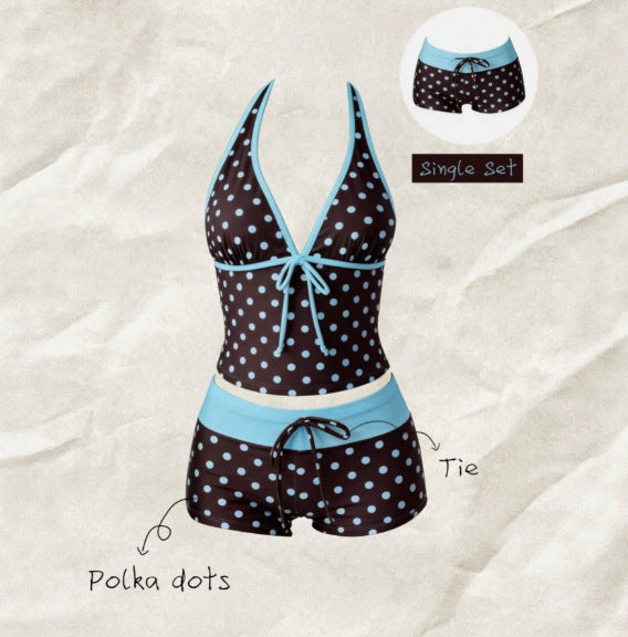 Women's tankini with fashionable polka dot pattern and adjustable halter StylebySassy