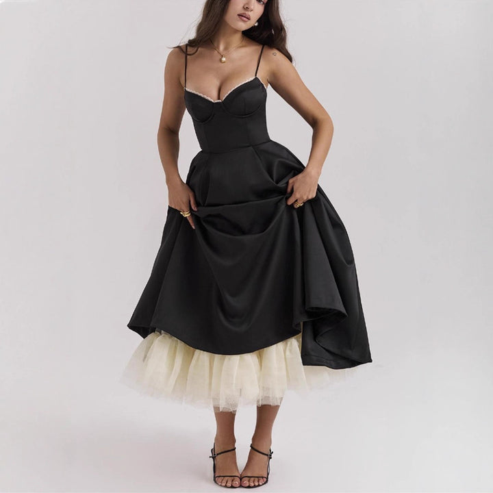 Women's tailored retro-inspired midi dress with corset underbust seams, flared skirt, and side pockets StylebySassy