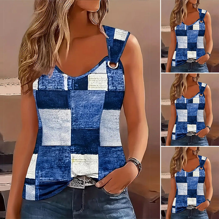 Women's Sleeveless Patchwork Top with D-Ring Straps and Slightly Asymmetrical Hem StylebySassy