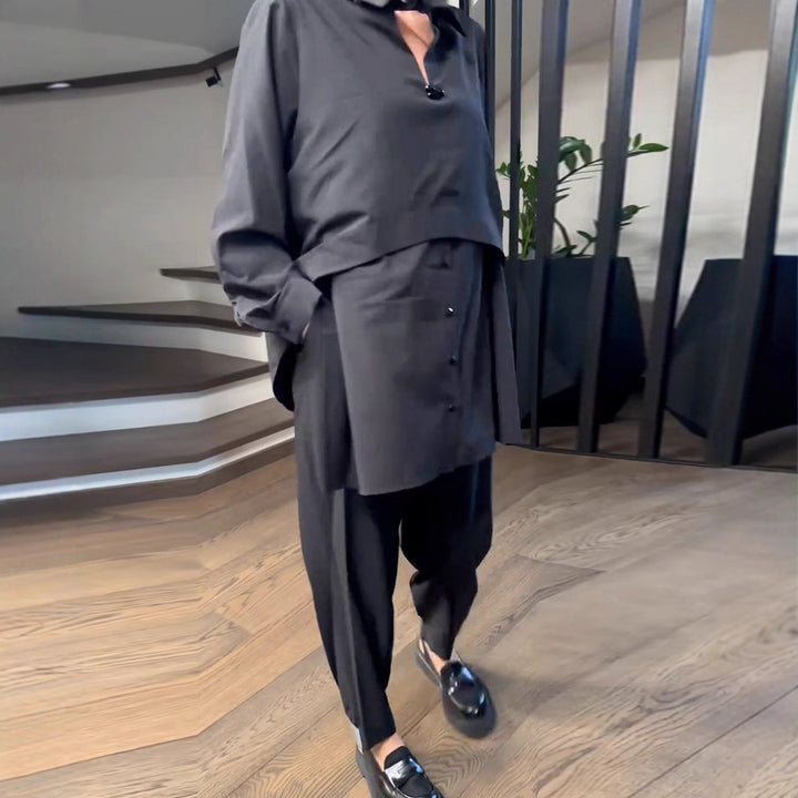 Women's Urban Layered Shirt Set with Overlapping Short Overlay and Tapered Pleated Trousers StylebySassy