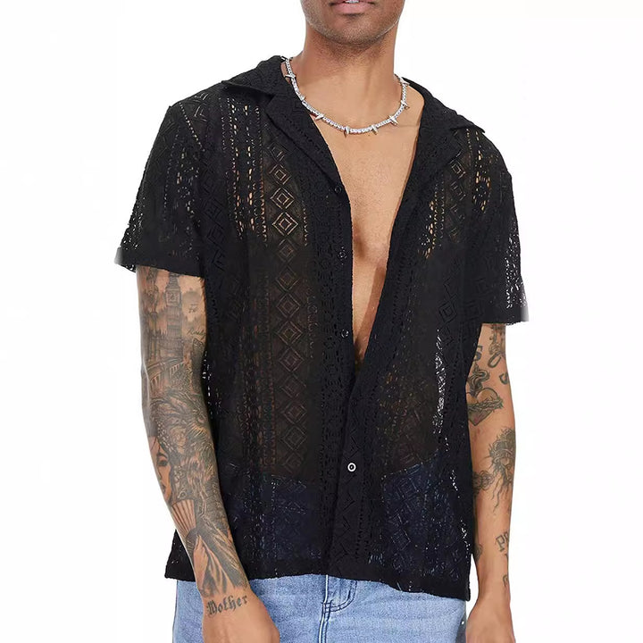 Men's airy crochet knit polo with open V-neck and Kent collar StylebySassy